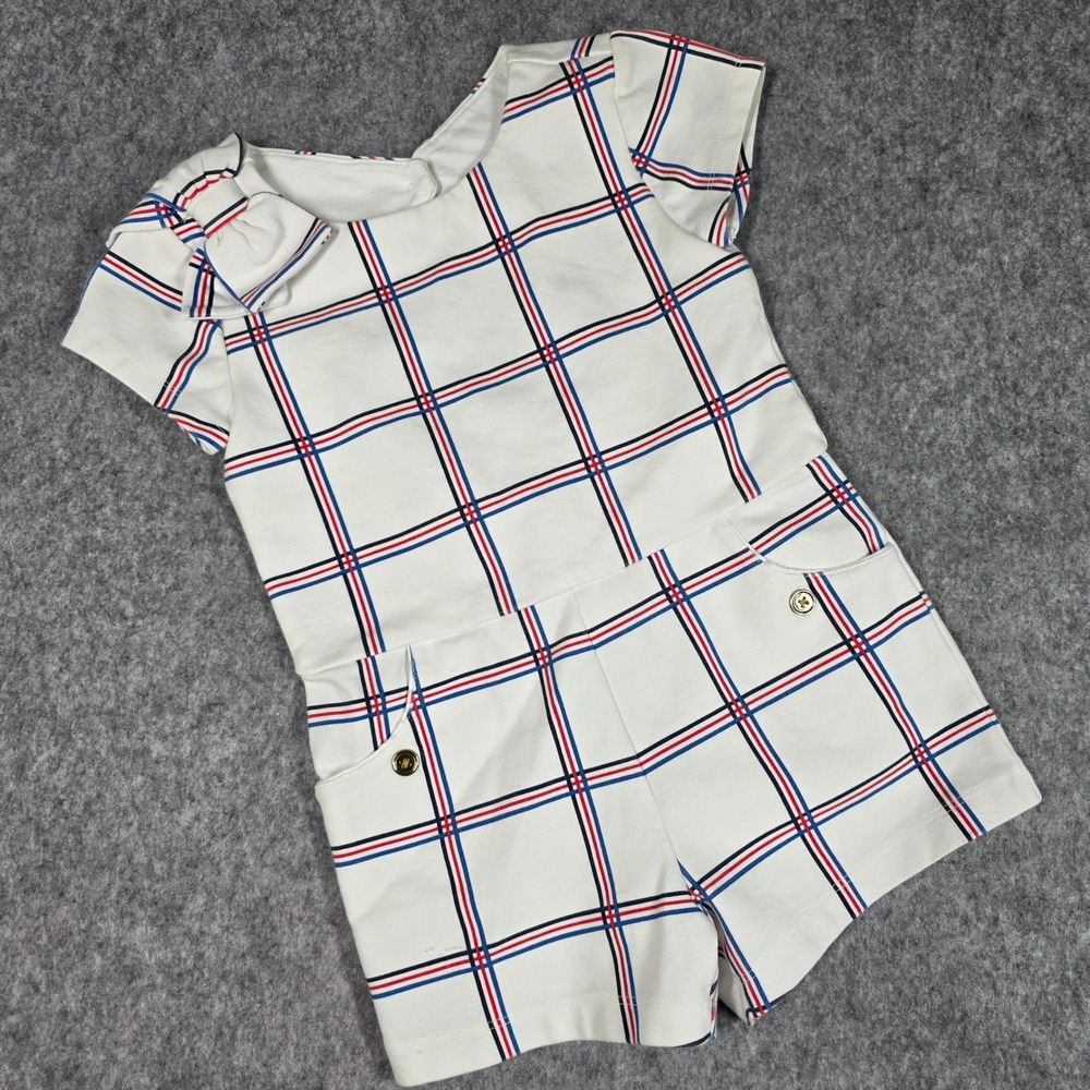 Janie & Jack Romper‎ White Red Blue Jumpsuit Plaid Bow Nautical Preppy Toddler 3